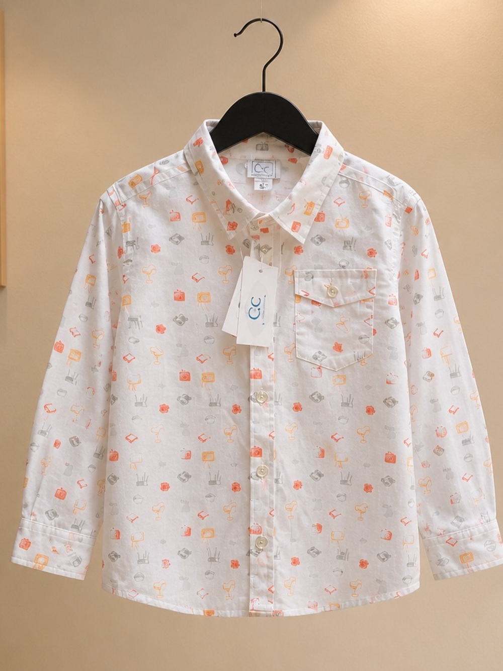 IC COLLECTION White Button-Up Shirt with Orange & Gray Novelty Icons